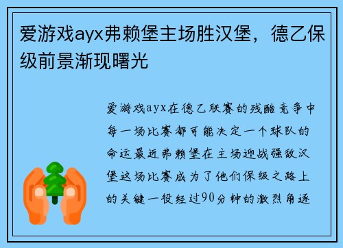 爱游戏ayx弗赖堡主场胜汉堡，德乙保级前景渐现曙光